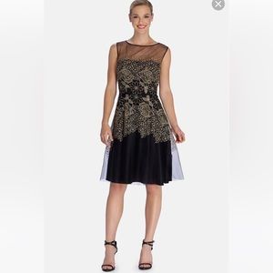 Tahari Edwin Embroidered Black & Gold Tulle Dress